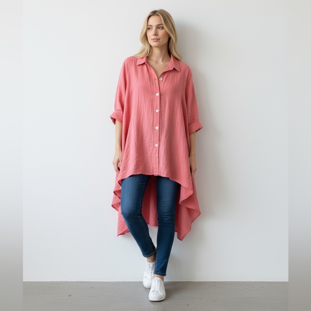 West Love Los Angeles 100% Linen One Size Dark Pink/Peach Oversize Button Shirt